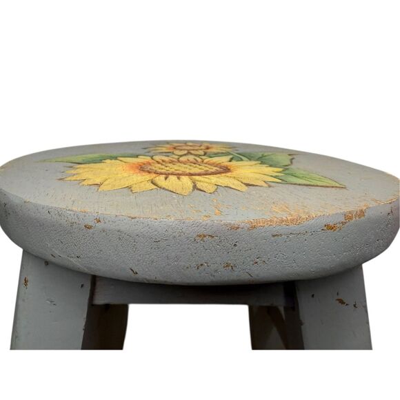 Vintage Wooden Stool Plant Stand Hand Painted Sunflower Rustic Home Decor - Picture 3 of 4